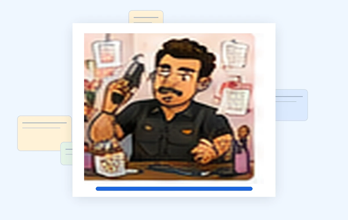 Cartoon illustration of a busy barbers business owner dealing with paperwork and day-to-day work.