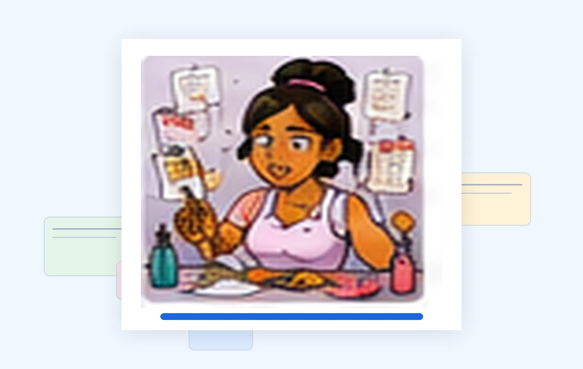 Cartoon illustration of a busy beauty & nail salons business owner dealing with paperwork and day-to-day work.