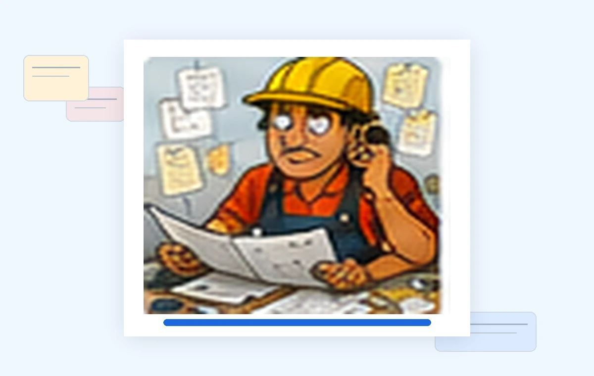Cartoon illustration of a busy builders business owner dealing with paperwork and day-to-day work.