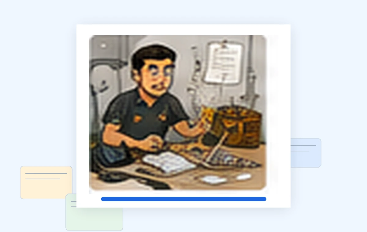 Cartoon illustration of a busy carpet & upholstery cleaning business owner dealing with paperwork and day-to-day work.