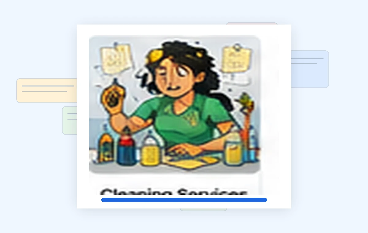 Cartoon illustration of a busy cleaning services business owner dealing with paperwork and day-to-day work.