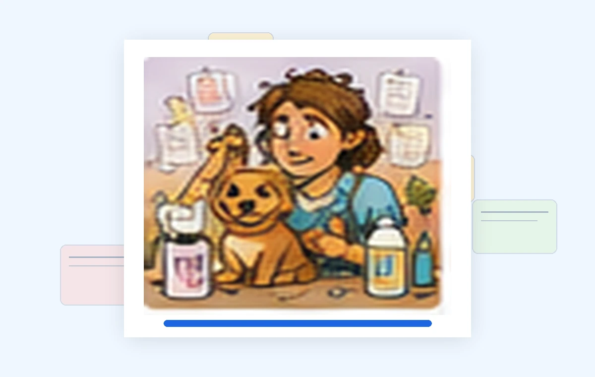 Cartoon illustration of a busy dog groomers business owner dealing with paperwork and day-to-day work.