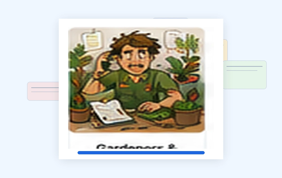 Cartoon illustration of a busy gardeners & landscapers business owner dealing with paperwork and day-to-day work.