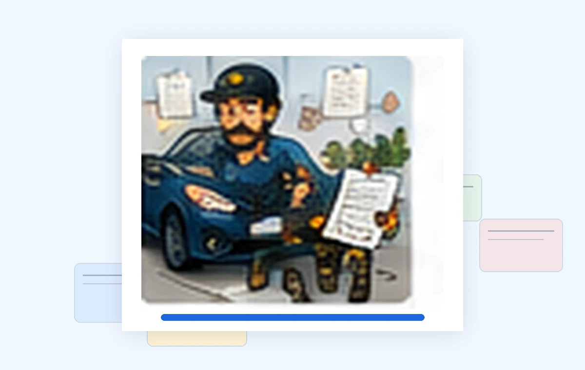 Cartoon illustration of a busy mobile valeters business owner dealing with paperwork and day-to-day work.