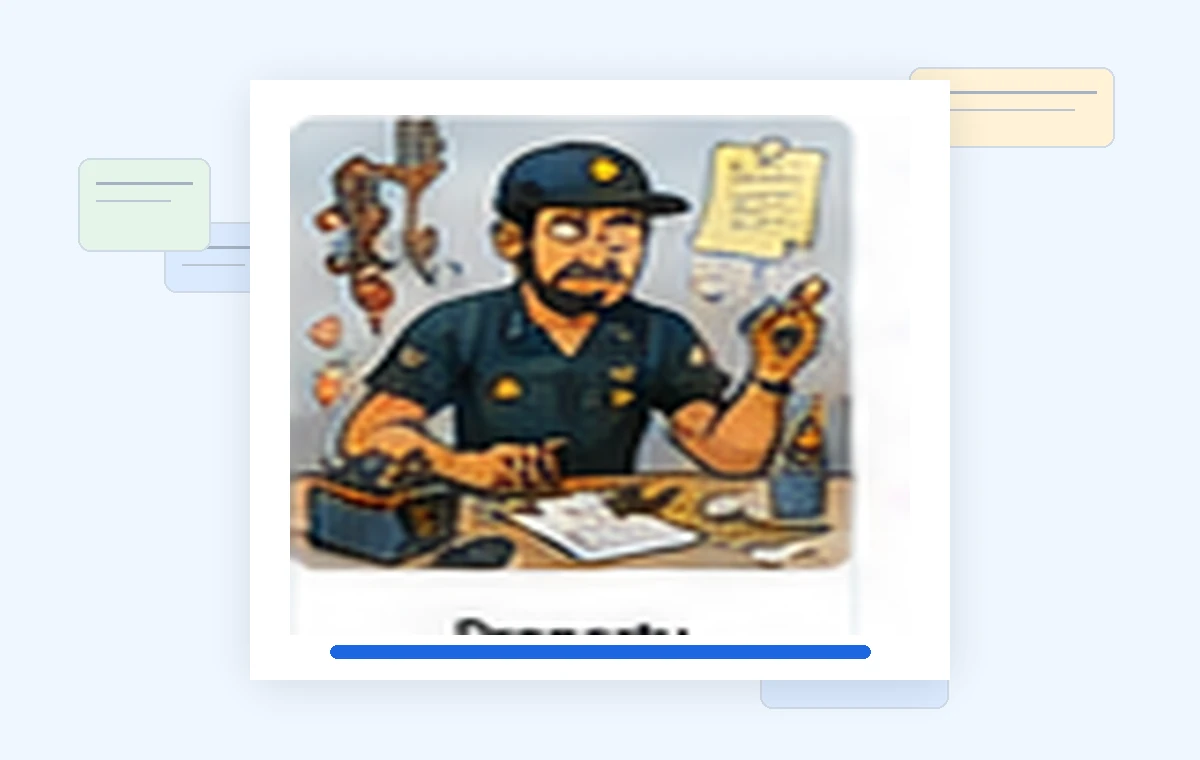 Cartoon illustration of a busy property maintenance & handyman business owner dealing with paperwork and day-to-day work.