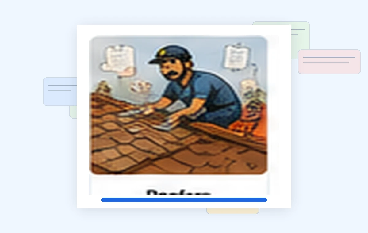 Cartoon illustration of a busy roofers business owner dealing with paperwork and day-to-day work.