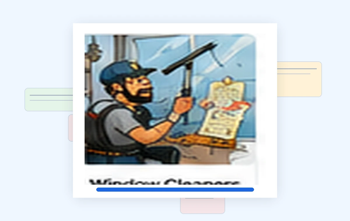 Cartoon illustration of a busy window cleaners business owner dealing with paperwork and day-to-day work.