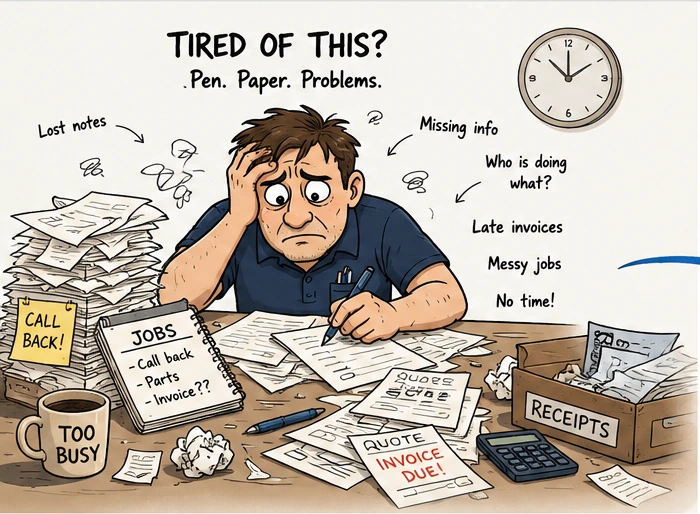 Busy ServiceClerk customer surrounded by paperwork