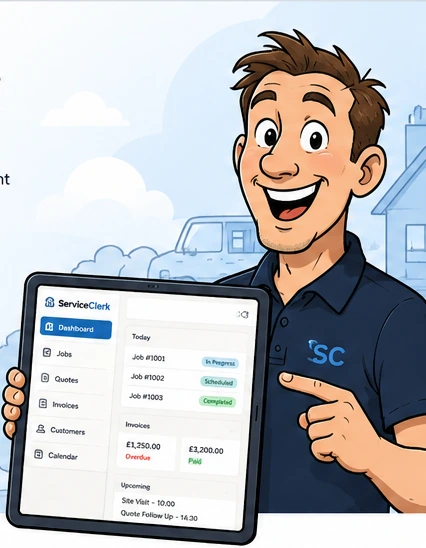 A smiling service professional using ServiceClerk on a tablet